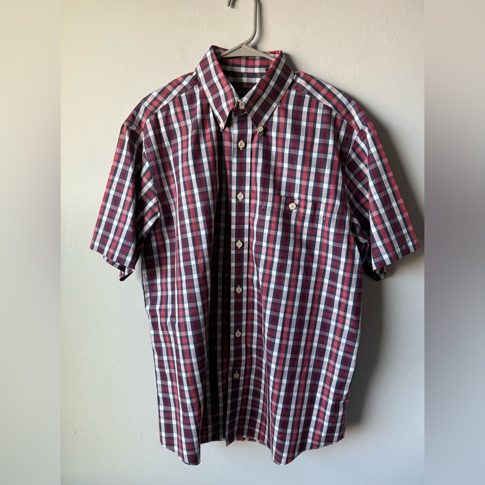 Orvis Men's Burgundy and White Plaid Shirt